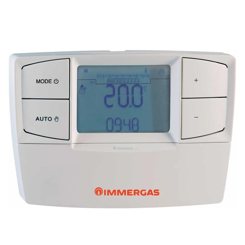 Cronotermostato Immergas digitale con display retroilluminato, pulsanti di regolazione temperatura e modalità automatica per gestione riscaldamento domestico