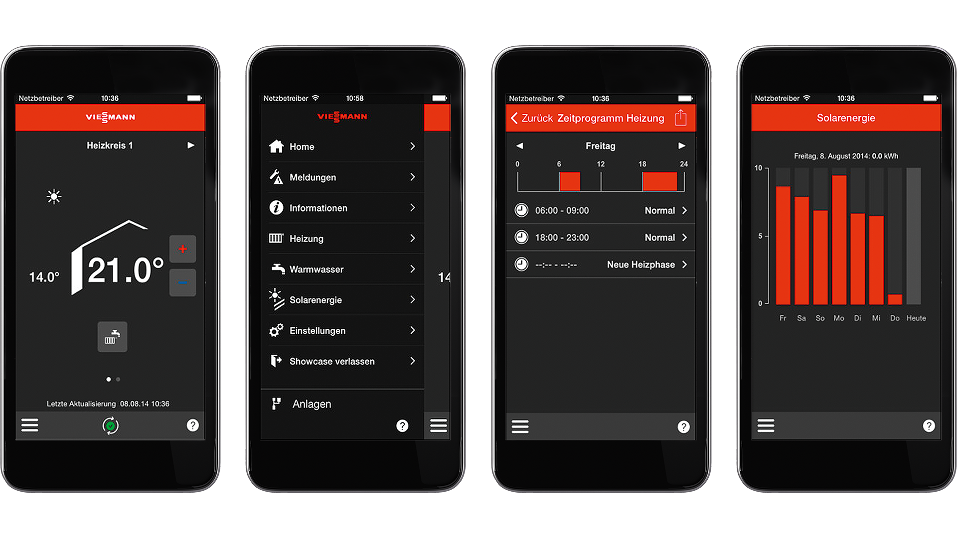 Schermate dell'app Vitotrol di Viessmann su smartphone: controllo temperatura, gestione orari riscaldamento, monitoraggio energia solare e pannello comandi
