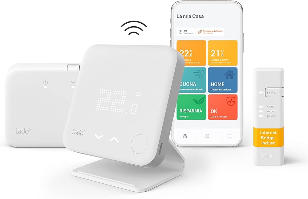 Kit termostato intelligente Tado° con Internet Bridge e controllo da smartphone per la gestione del riscaldamento domestico
