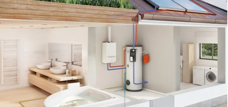 Schema impianto solare termico con pannelli sul tetto, bollitore di accumulo e caldaia per produzione acqua calda sanitaria in bagno e lavanderia