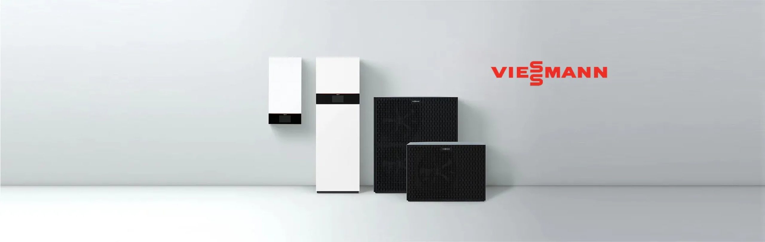 Pompe di calore Viessmann con unità interne ed esterne moderne a risparmio energetico, su sfondo minimal